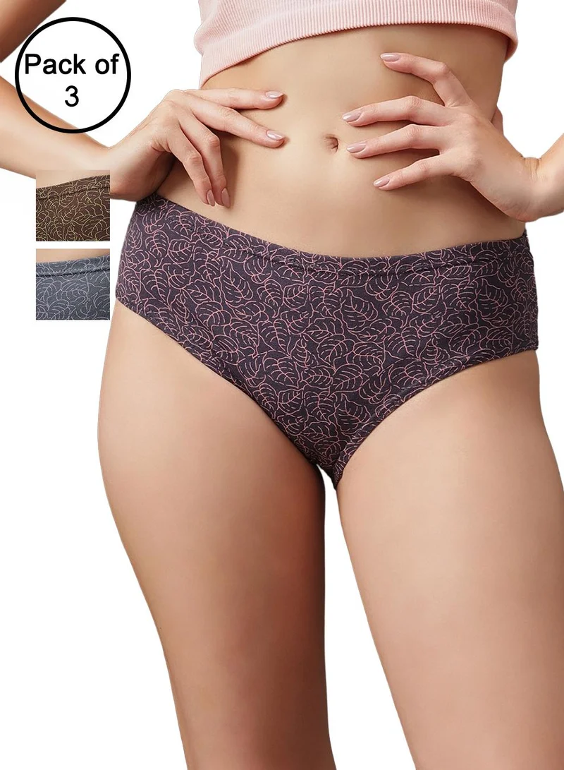 كلوفيا Pack of 3 Leaf Print Mid Waist Hipster Panties with Inner Elastic - 100% Cotton
